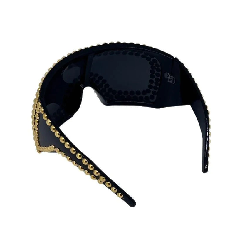 Men's punk sunglasses with large square frame and metal rivet detailing in silver colour