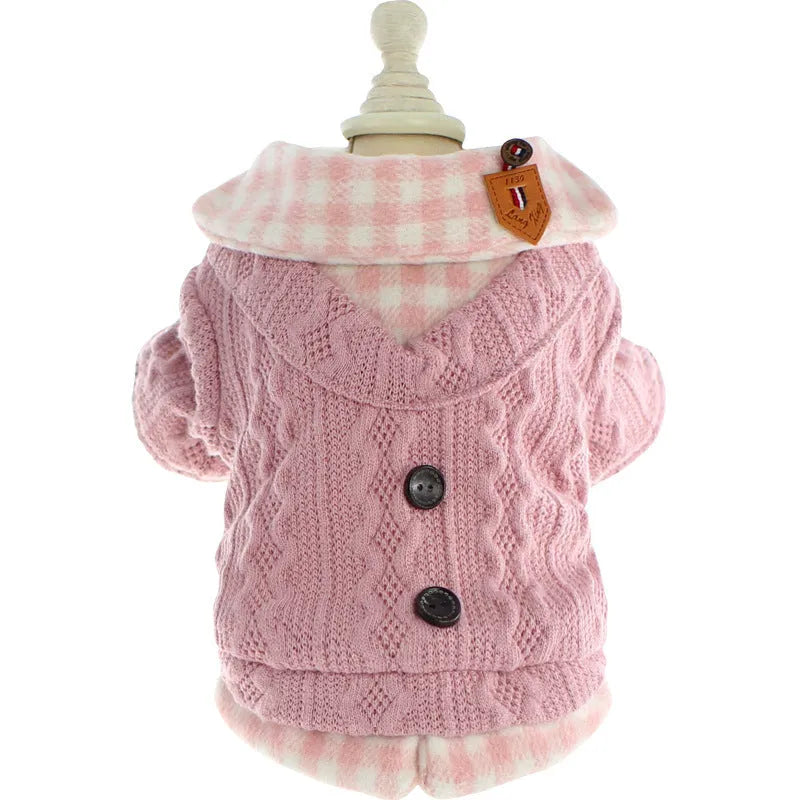 Blue and pink wool plaid dog sweater with two-piece fleece-lined design for pet warmth
