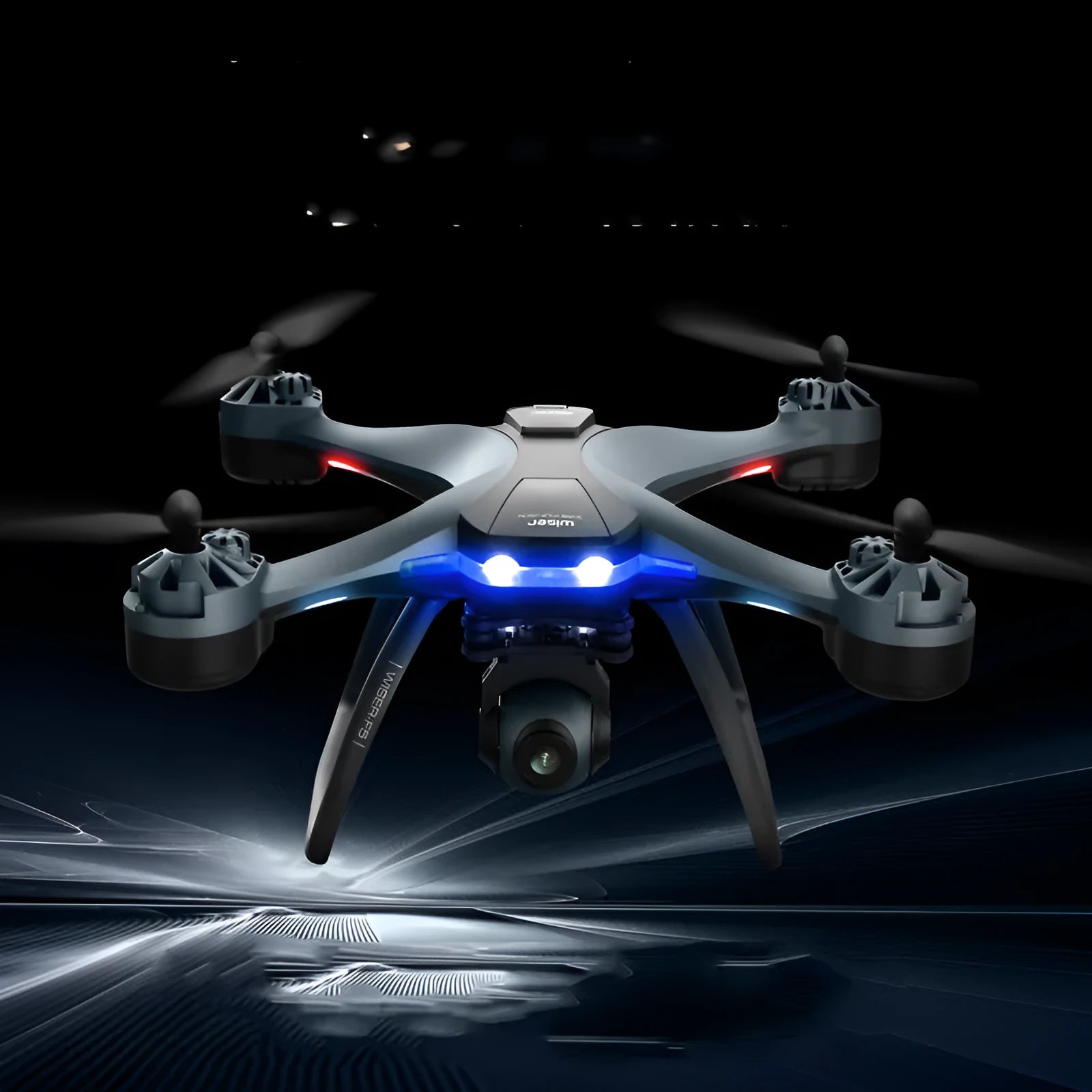 GPS remote control quadrocopter drone with camera on landing gear, next to its handle-style transmitter.