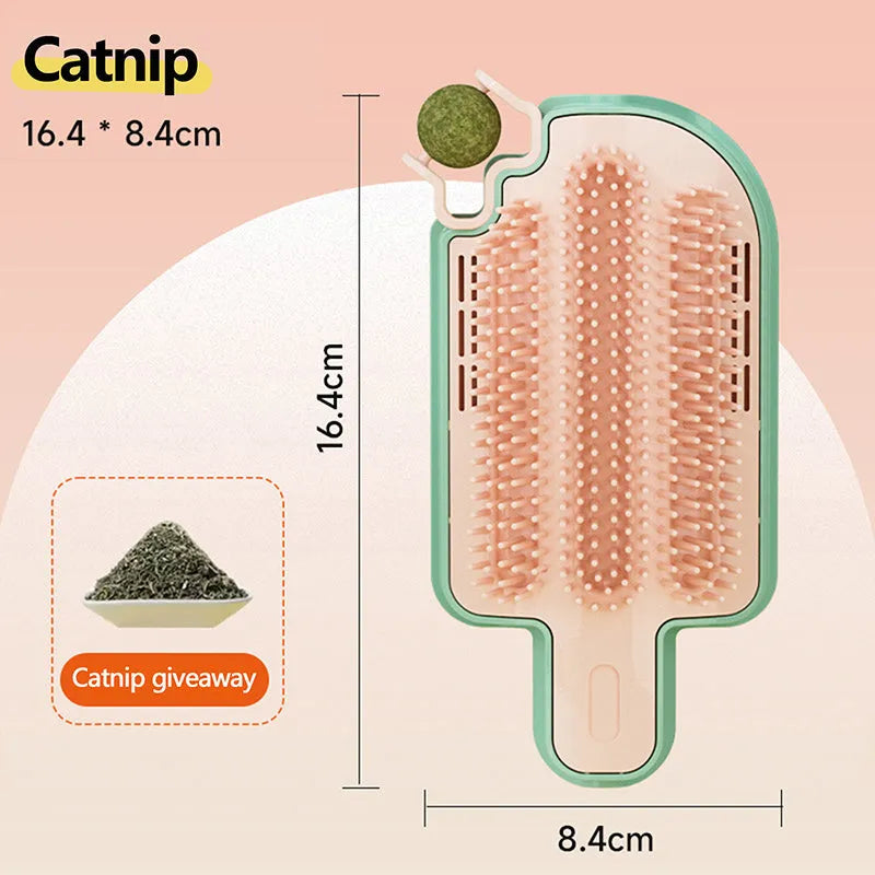 Ice cream shaped cat grooming toy with textured rubbing surface, mint ball and feather attachments