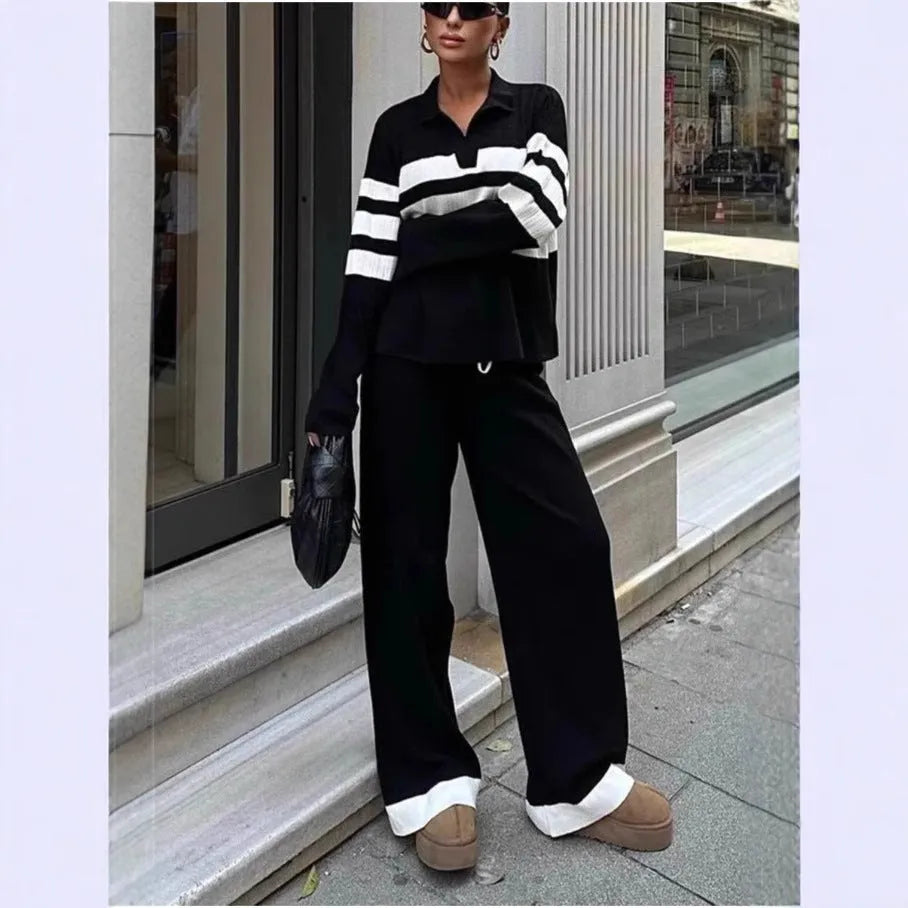Women's black and white striped polo shirt with contrast collar and matching trousers casual two-piece set