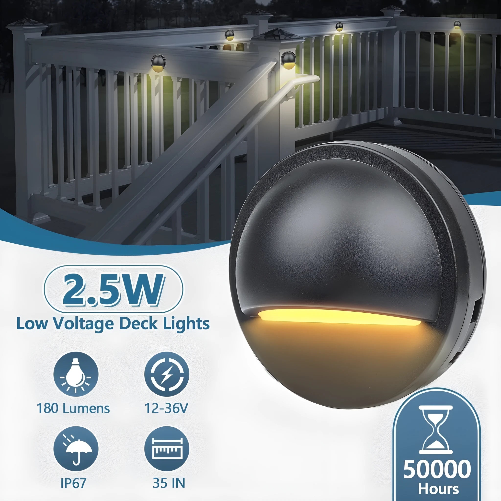Platinum coloured outdoor step light with low voltage cable for garden path illumination