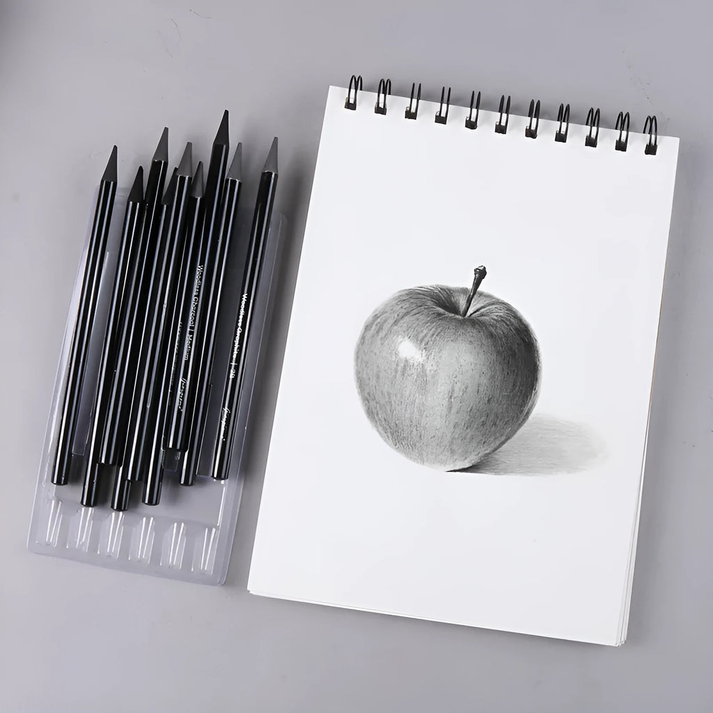 Graphite and carbonized wooden drawing pencils with solid lead cores on suction card packaging