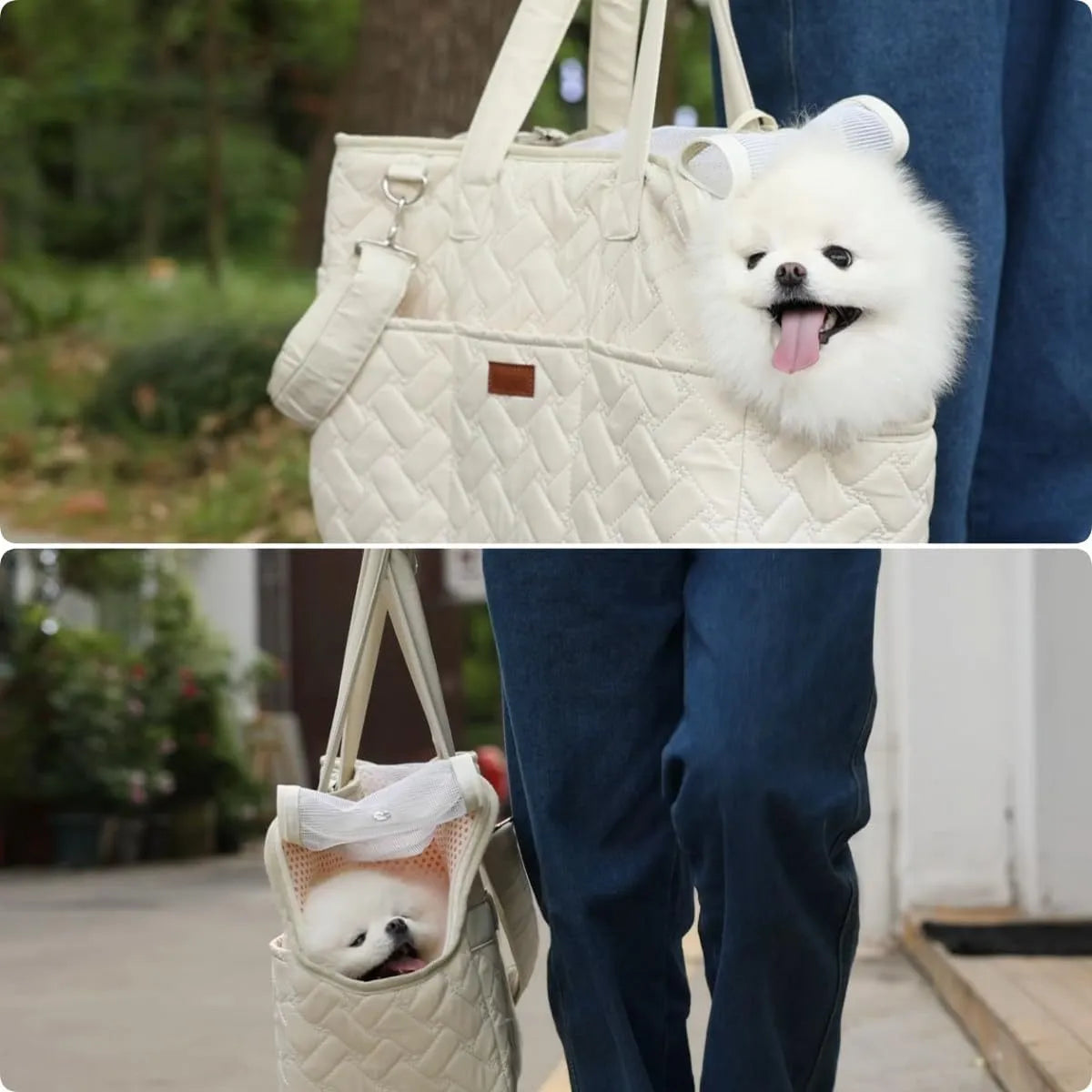 Grey pet carrier bag with mesh panels and handbag design for cats or small dogs