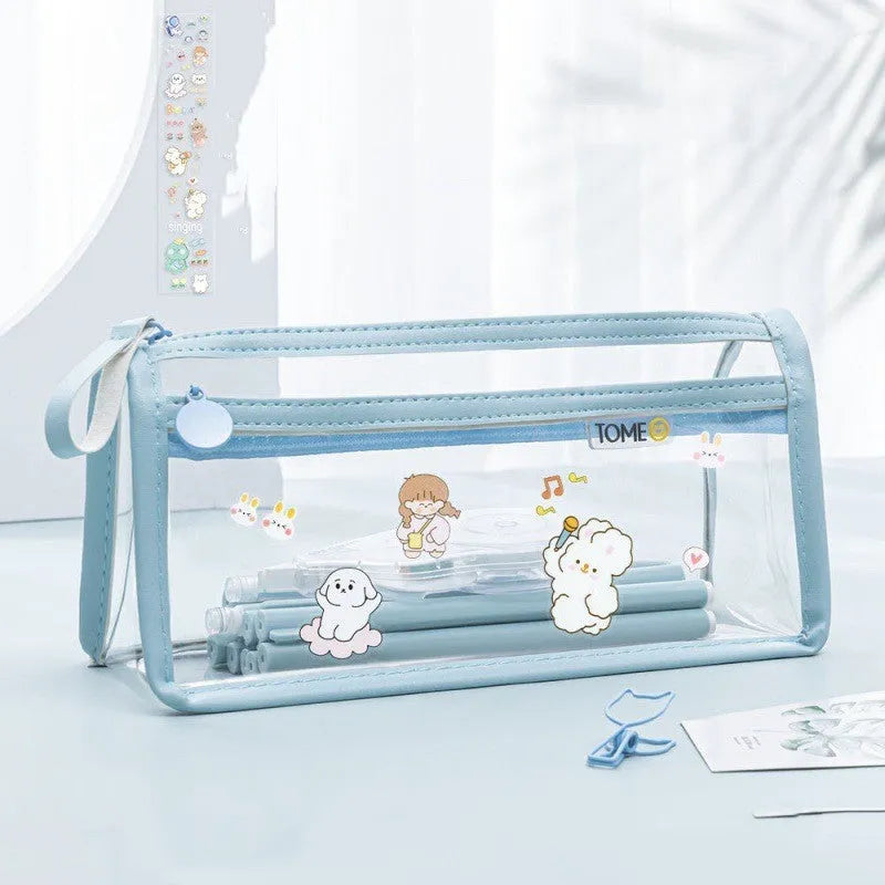 Transparent double-layer pencil case showing interior compartments in blue colour variant