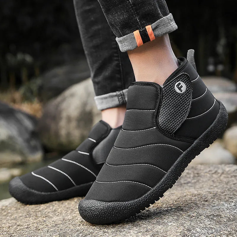 Men's thick cotton waterproof snow boots with non-slip soles and plush lining in multiple colours.