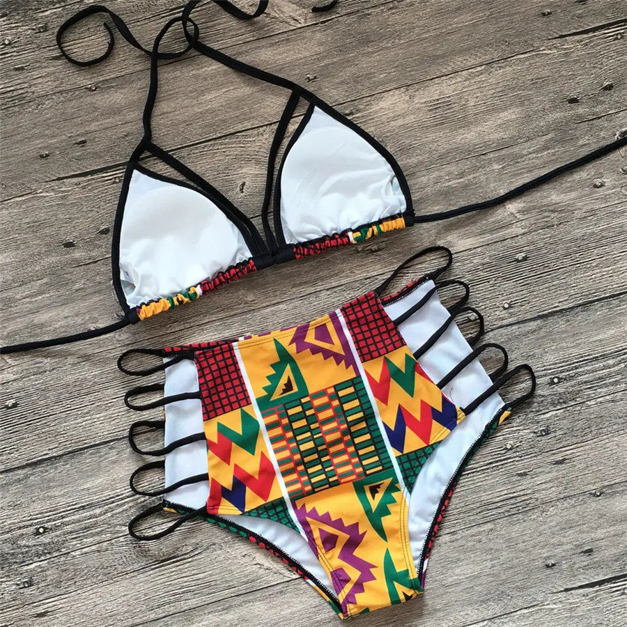 Women's high-waist split bikini swimsuit with backless design and digital printing
