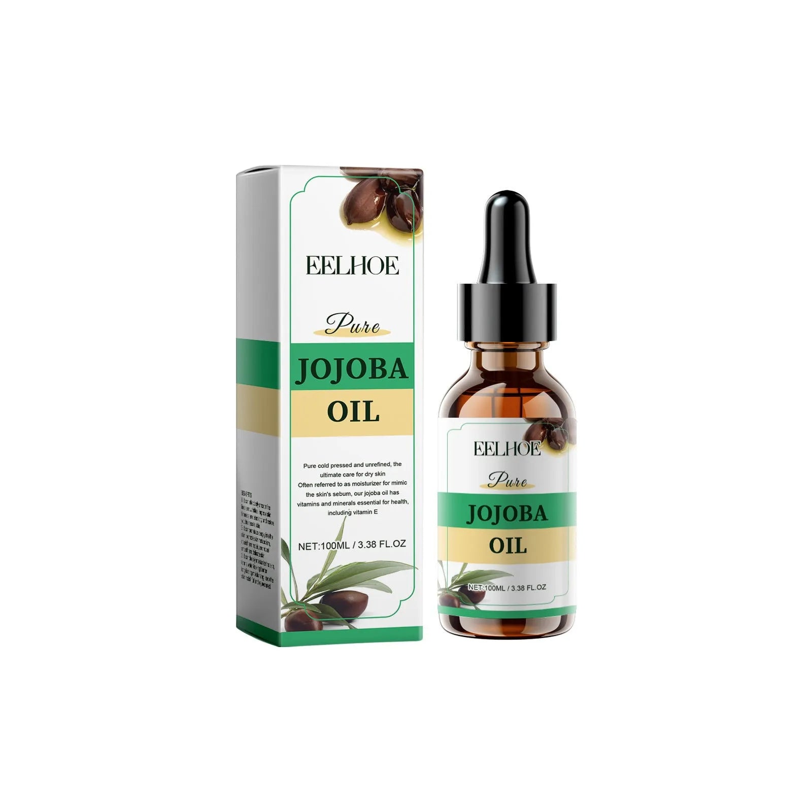100ml glass bottle of organic jojoba oil facial essential oil with a dropper.
