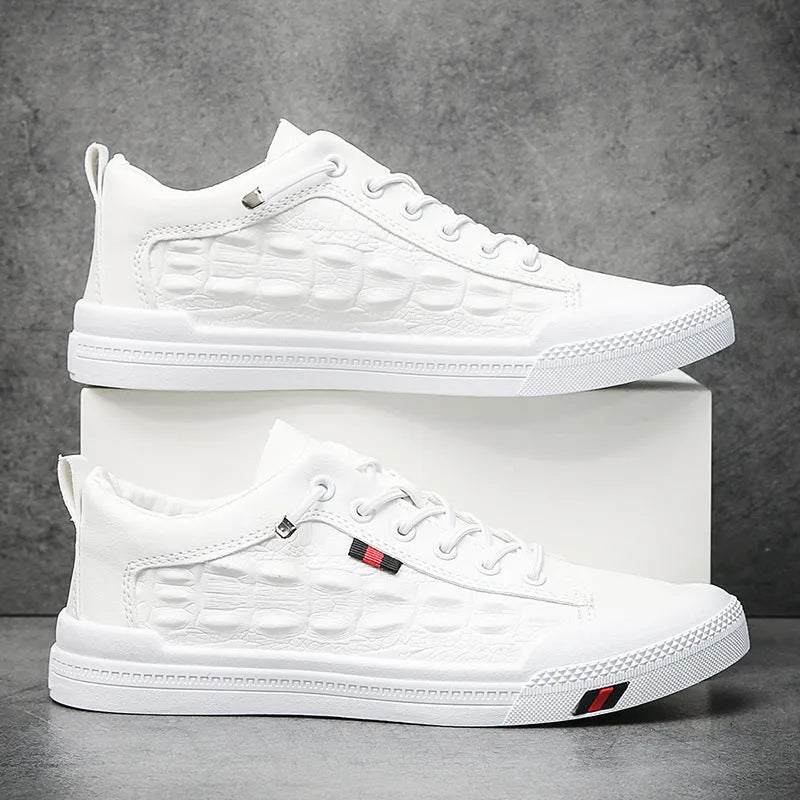 White men's casual sneakers with round toe and lace-up design on rubber sole