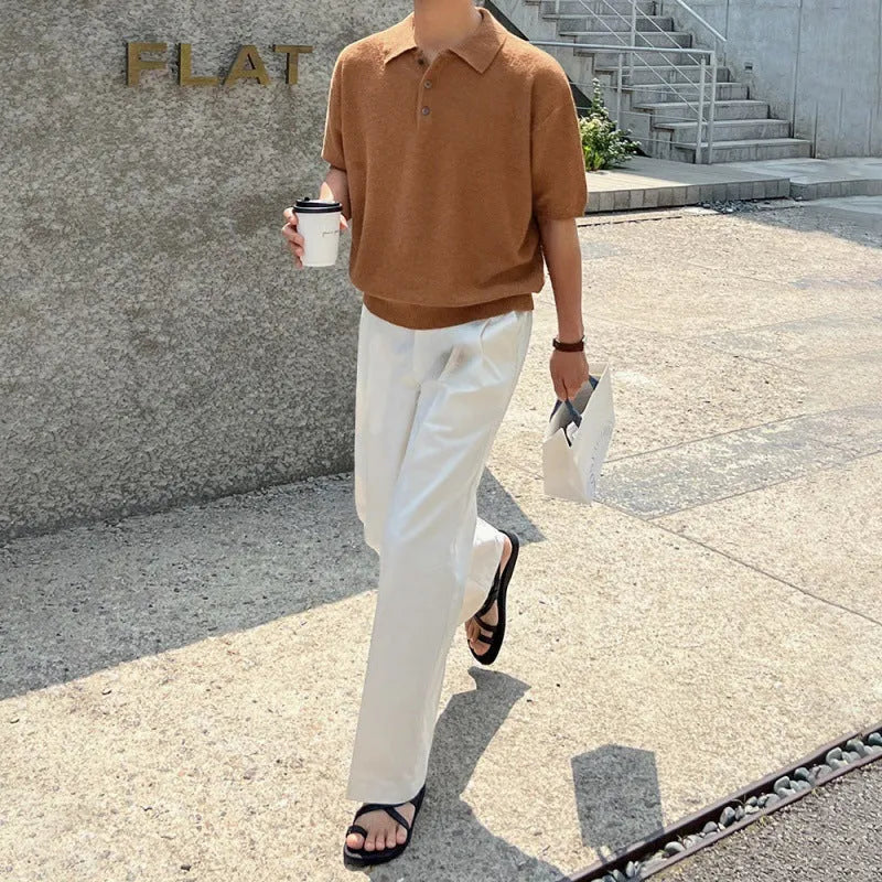 Men's caramel coloured loose-fit retro knitted polo shirt with short sleeves and asymmetric detailing