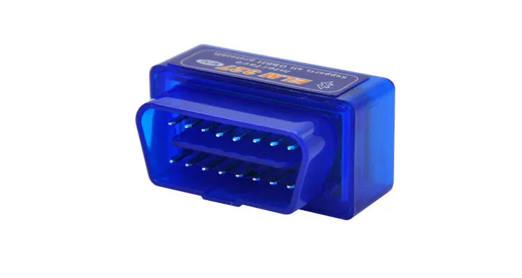 Small blue ELM327 Bluetooth OBD2 diagnostic scanner for reading car engine fault codes