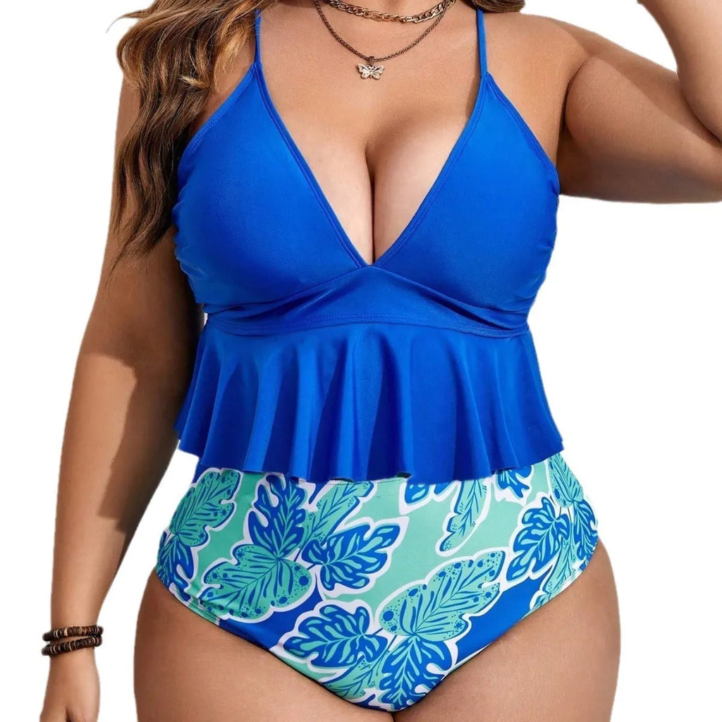 Blue polyester bikini set with briefs-style shorts available in extended sizes