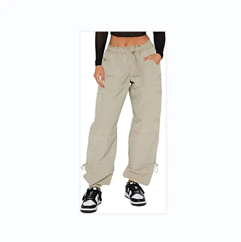 Straight leg multi-bag cargo casual pants in polyester fabric showing loose fit design