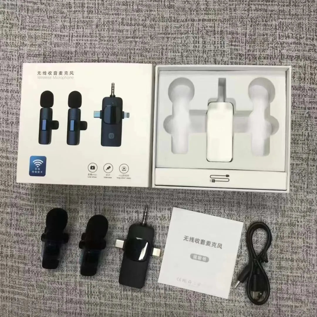 Wireless collar clip lavalier microphone for outdoor video recording with multiple interface connection options