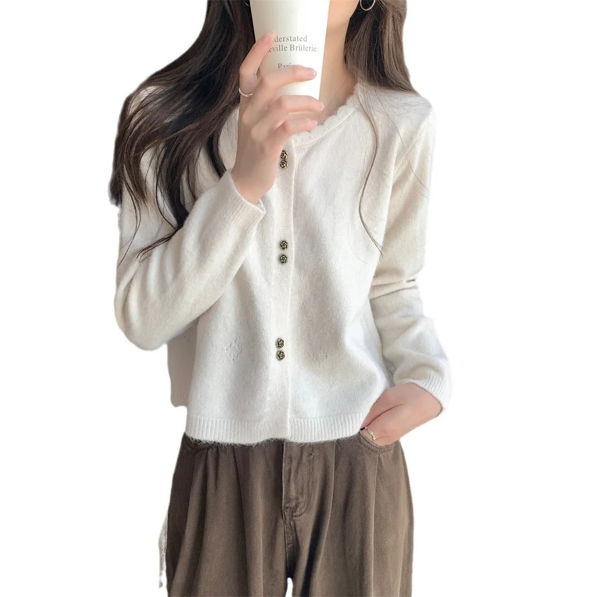 Women's acrylic fibre cardigan sweater in milky white colour with long sleeves and free size fit