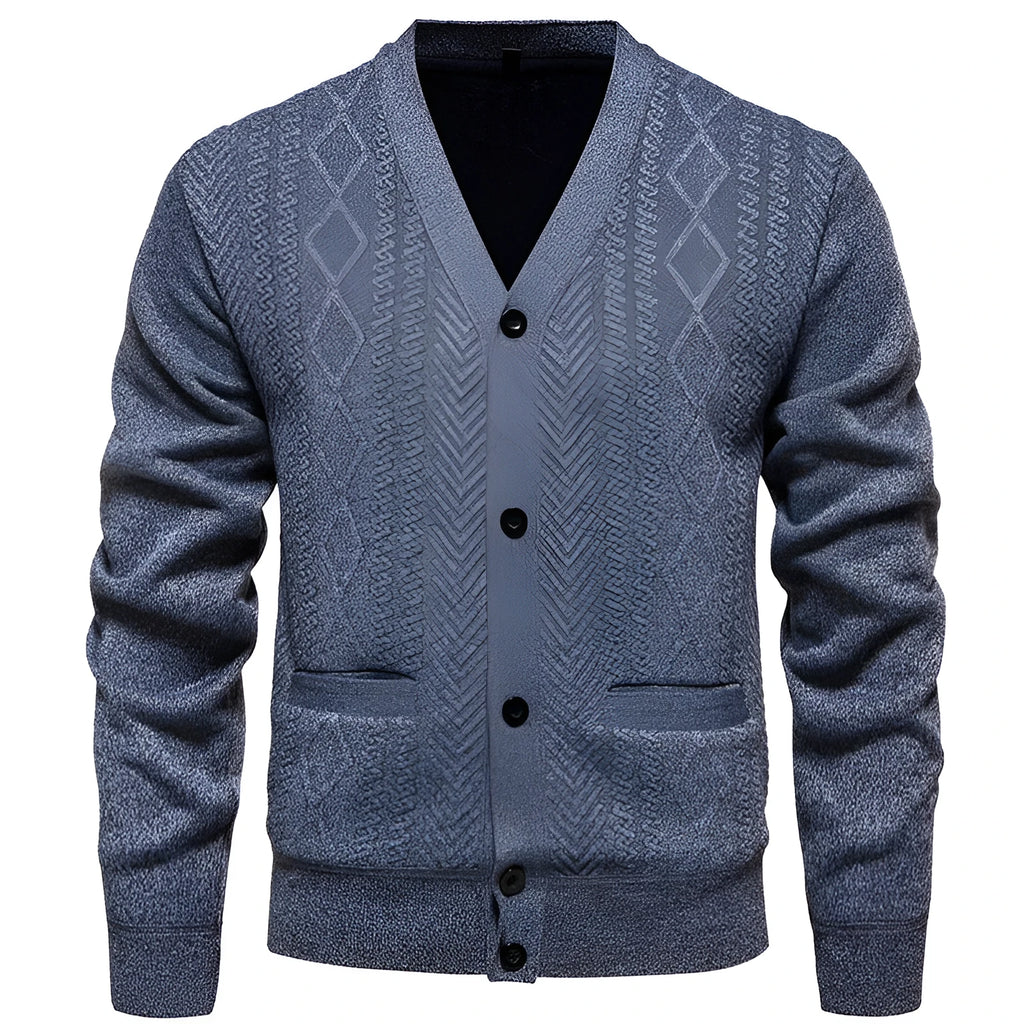 Men's striped cardigan sweater with wool lining in brown colour, front view
