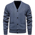 Men's striped cardigan sweater with wool lining in brown colour, front view