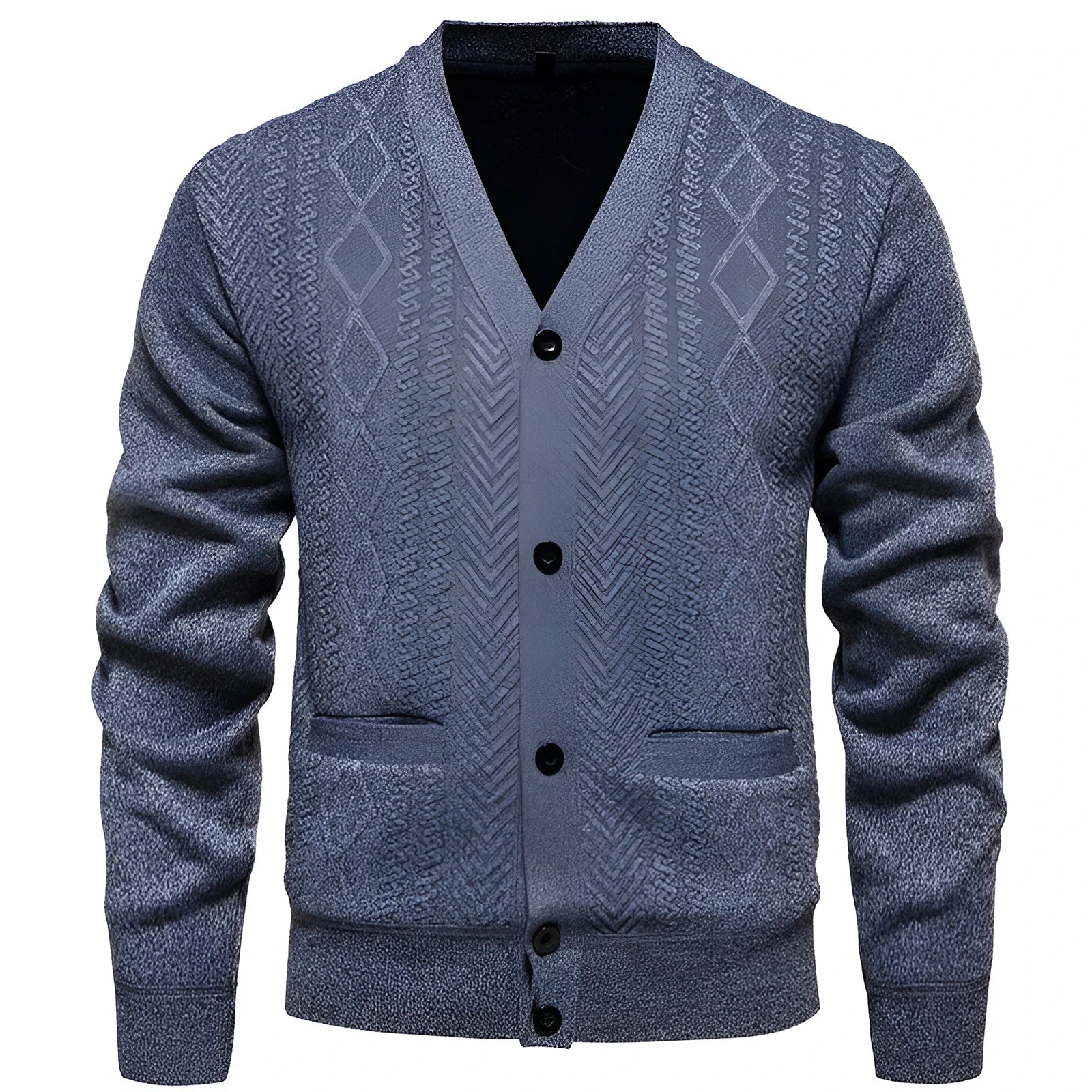 Men's striped cardigan sweater with wool lining in brown colour, front view