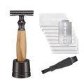 Men's copper manual shaving razor with olive wood handle and aluminium blade holder
