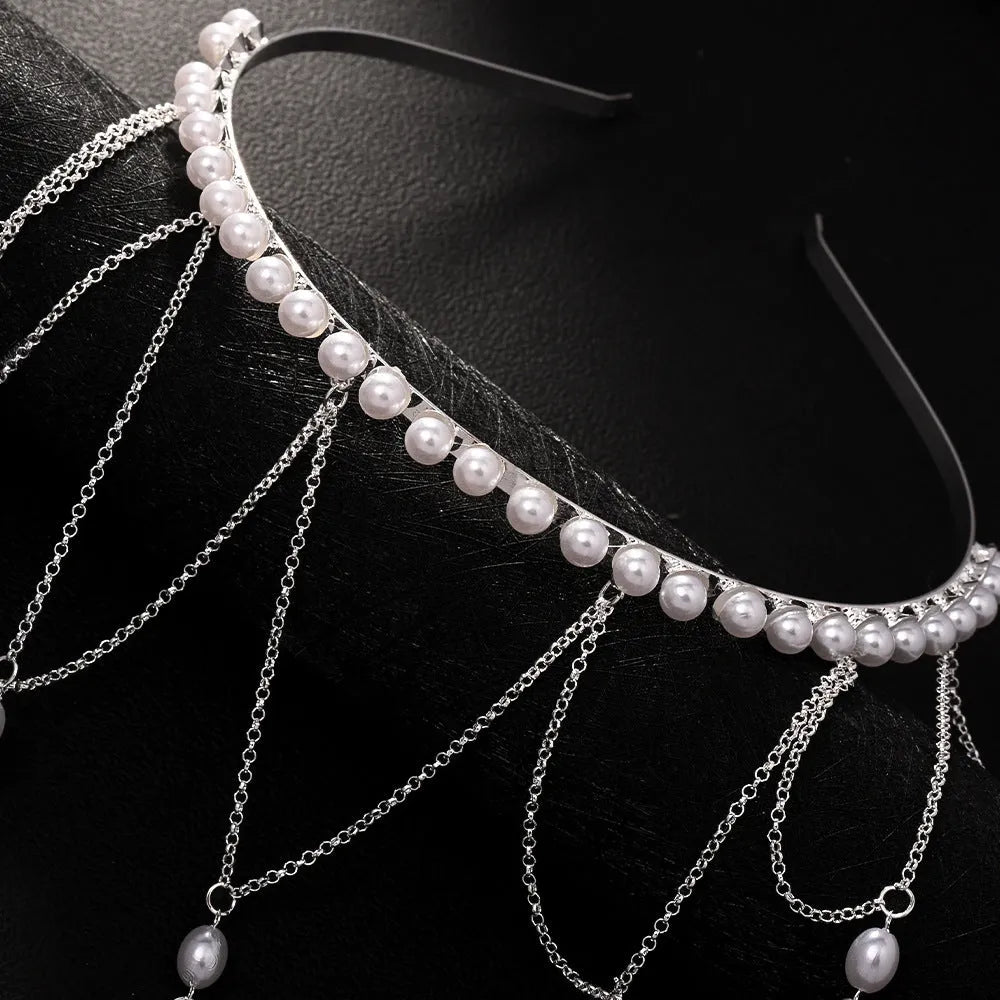 Gold and silver electroplated pearl hair chain with dangling tassels for women's hairstyles