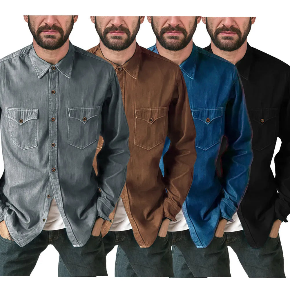 Men's regular fit cotton denim cardigan coat on a hanger.