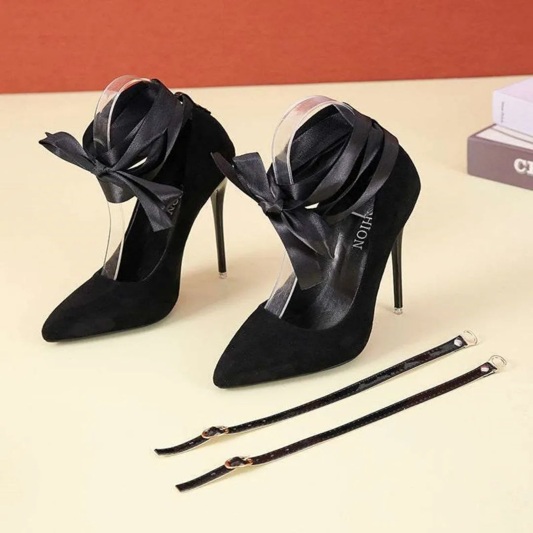 Women's black PU court shoes with thin strap and pointed toe on 12cm heel