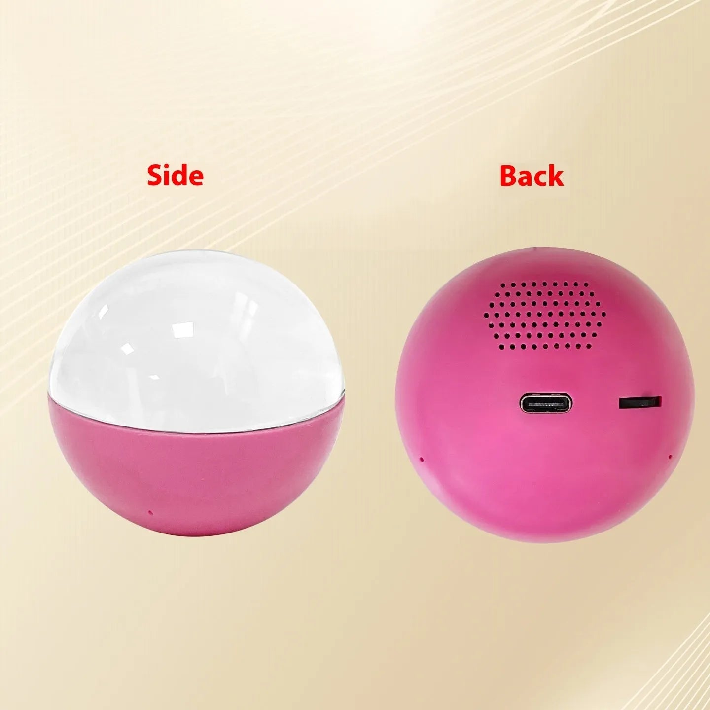 Electronic ball video player with round screen showing video playback, plastic casing in choice of colours