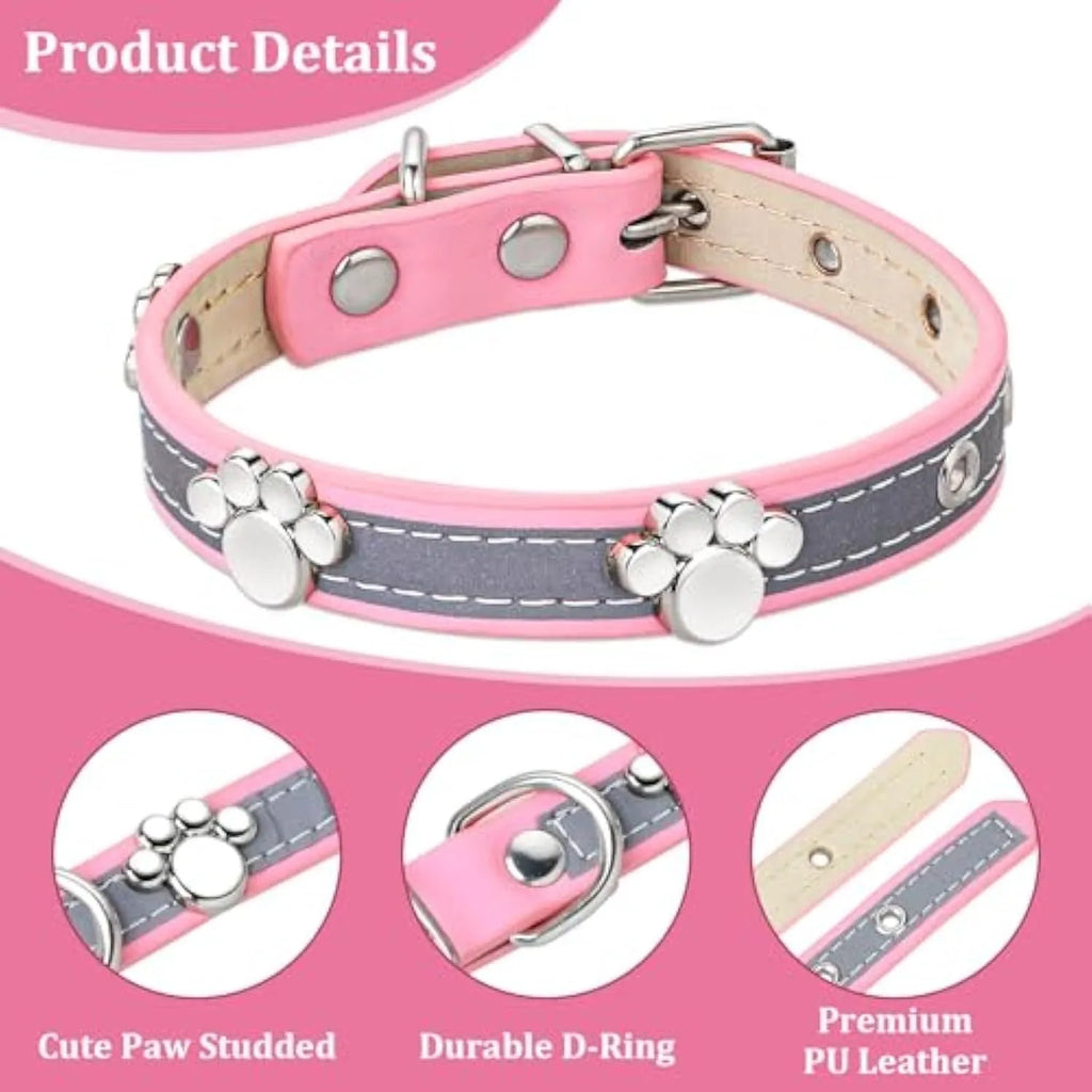 Reflective leather dog collar with paw rivet design in adjustable sizes for dogs