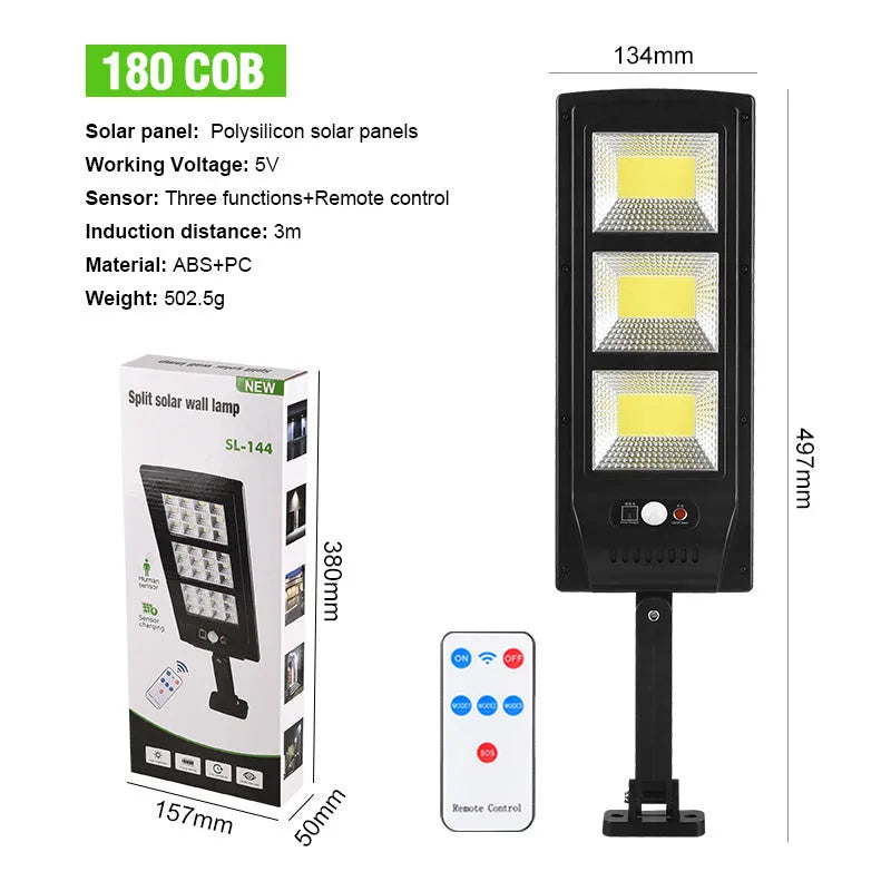 Plastic solar-powered street light unit with remote control for outdoor use.