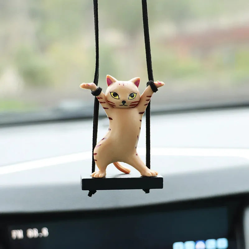 Cartoon-style resin cat pendant for car interior with adjustable rope in multiple colour options