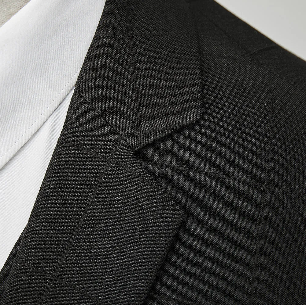 Men's navy blue plaid slim fit three-piece suit with vest, jacket, and trousers