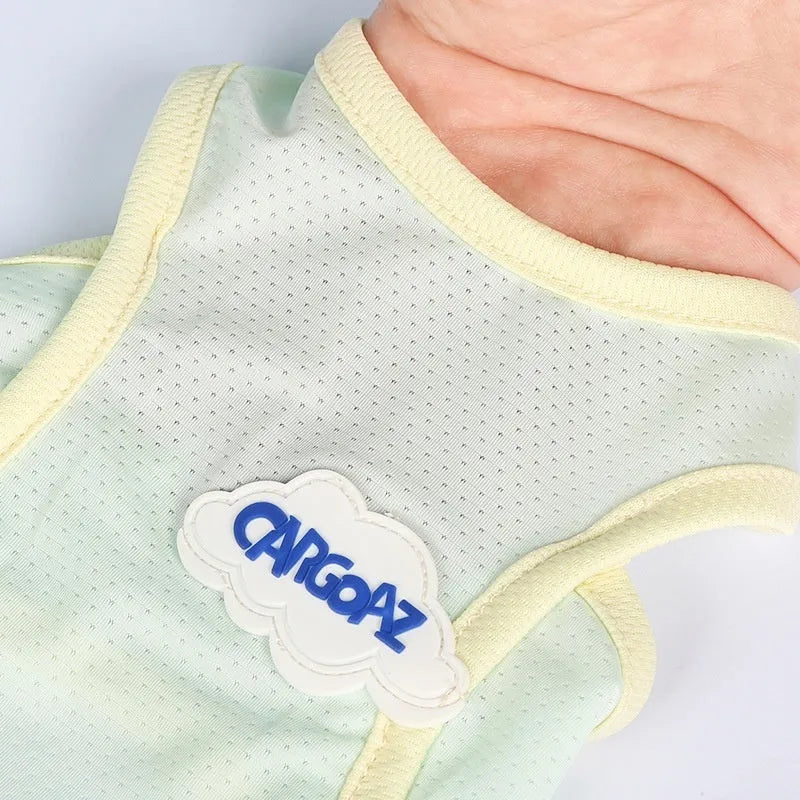 Lightweight polyester cat vest in grass green colour showing sports-style design for summer pet wear