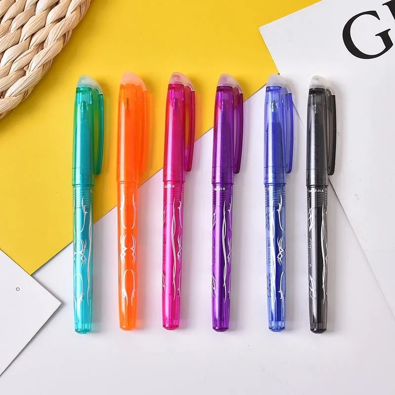 Pack of heat-erasable gel pens with plastic bodies and stainless steel nibs, showing multiple colour options.