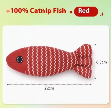 Red, yellow, and blue catnip-filled fish toys in large and medium sizes on a white background.