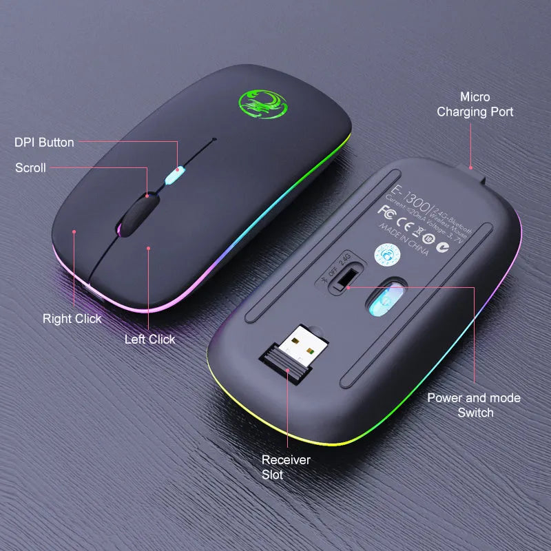 Black or white dual-mode wireless mouse with silent buttons and charging light