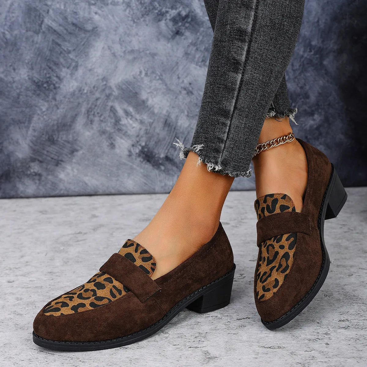 Leopard print suede casual pumps with chunky heel and pointed toe in three colour options