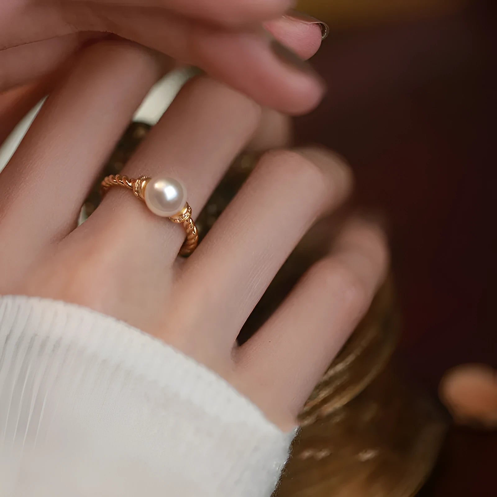 Antique twist pearl ring with geometric design and adjustable copper band