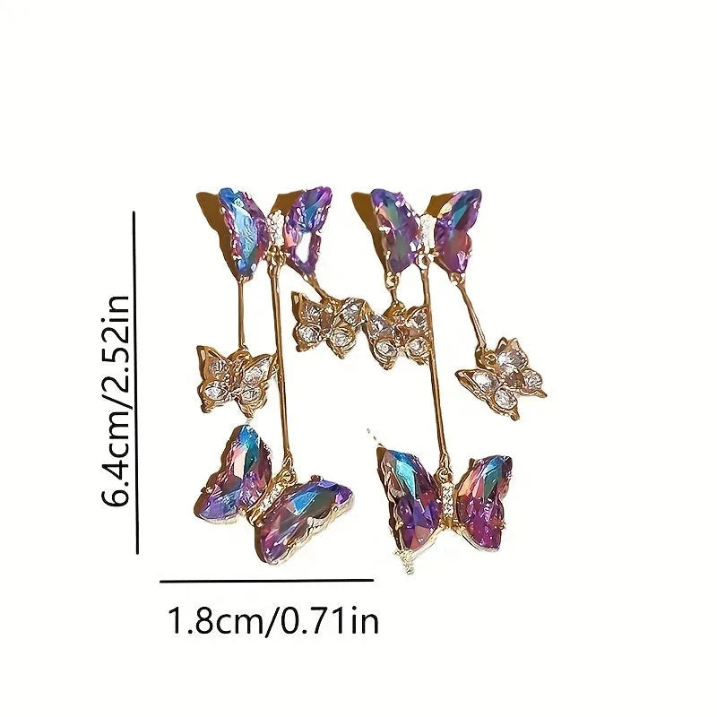 Silver needle blue purple butterfly tassel earrings with crystal flowers for women