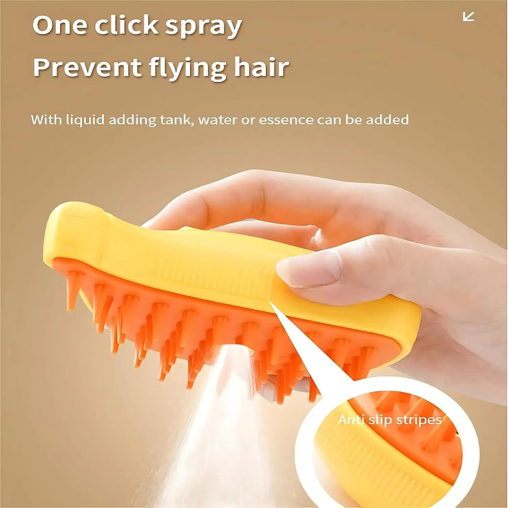 Green rechargeable cat steam brush with three-in-one grooming functions on white background