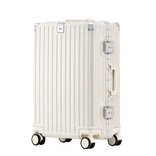 Hard-shell aluminium frame suitcase in avocado green with USB port and universal wheels.