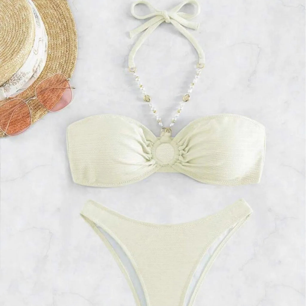 Women's halter top bikini set in solid colour with briefs bottoms for beach swimming