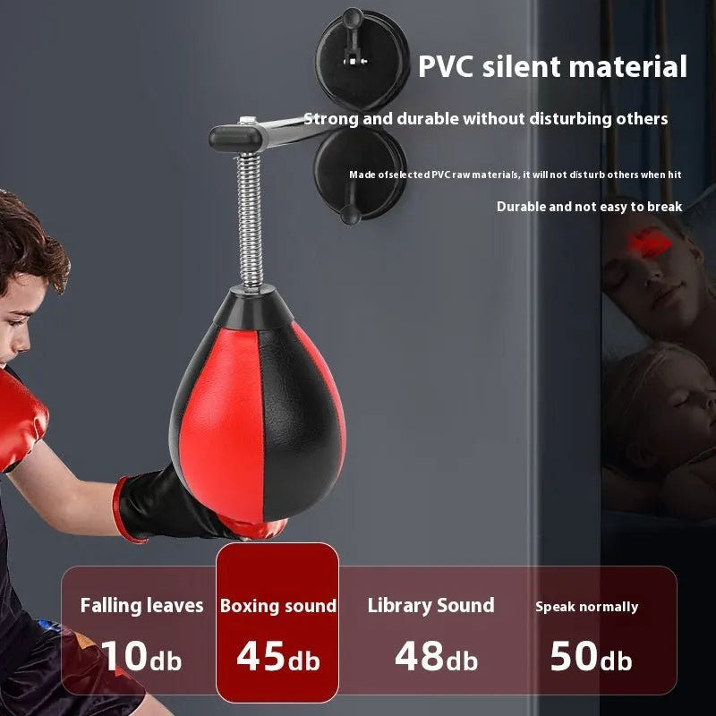 Pear-shaped boxing speed ball with double suction cup mounting and red/black ball head