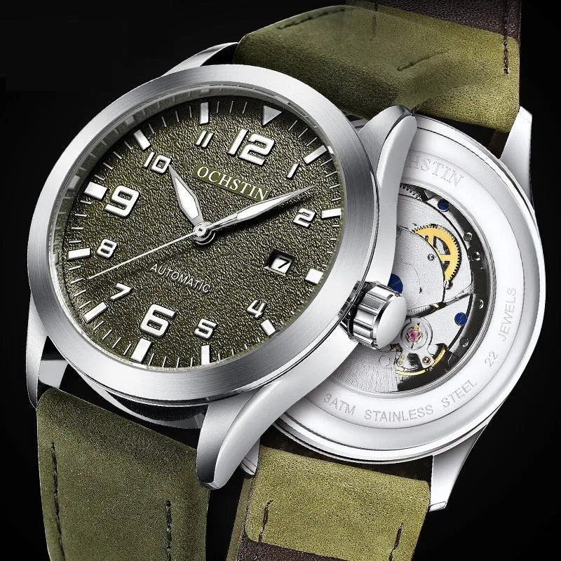 Men's retro automatic mechanical watch with black case and leather strap showing dial detail