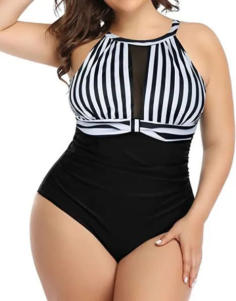 Women's solid colour one-piece swimsuit with lace detail, available in black, stripes, and red flower patterns.