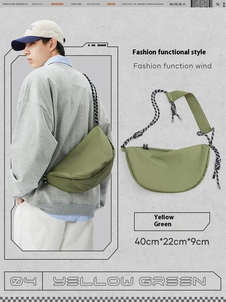 Nylon messenger bag for men in black colour showing large capacity design with shoulder strap