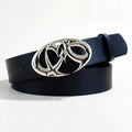 Men's silver buckle PU leather belt with snap button closure, 105cm length