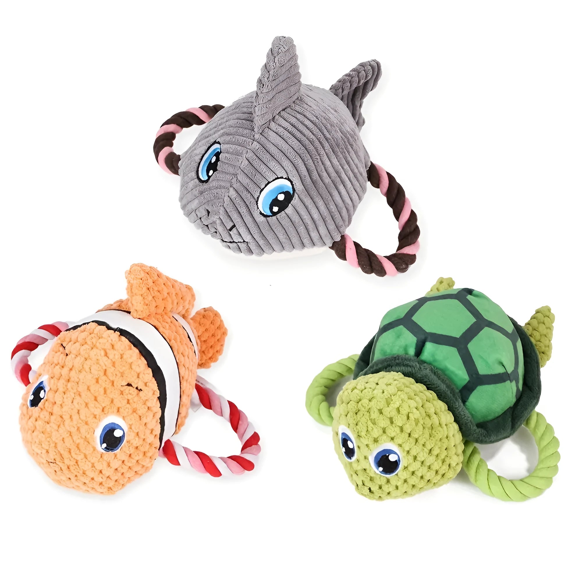Turtle shaped plush dog toy with knot design and squeaker in grey, green, or orange colours
