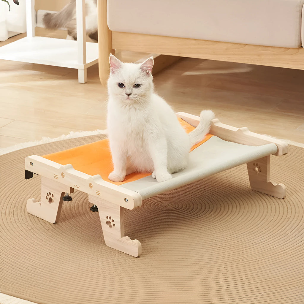 Wooden cat hanging bed hammock mounted on a balcony railing, one of seven available style variations.