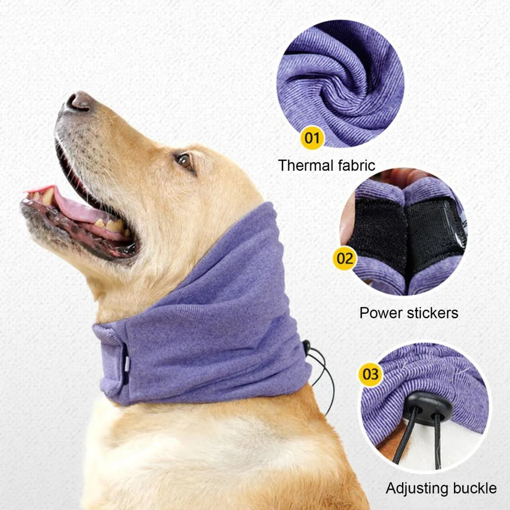 Dog wearing black calming hoodie covering ears with hair protection and scarf function