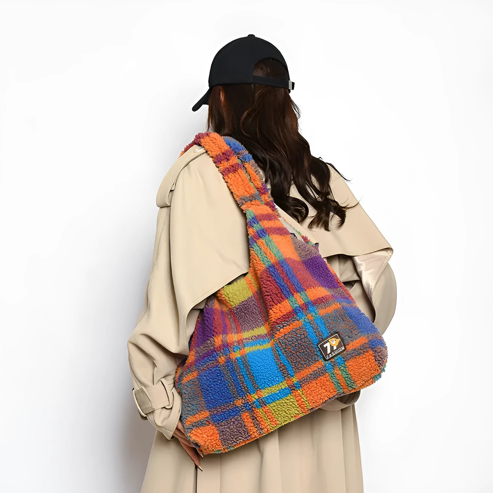 Women's soft plush plaid crossbody tote bag showing large capacity and zipper pocket in horizontal square design.